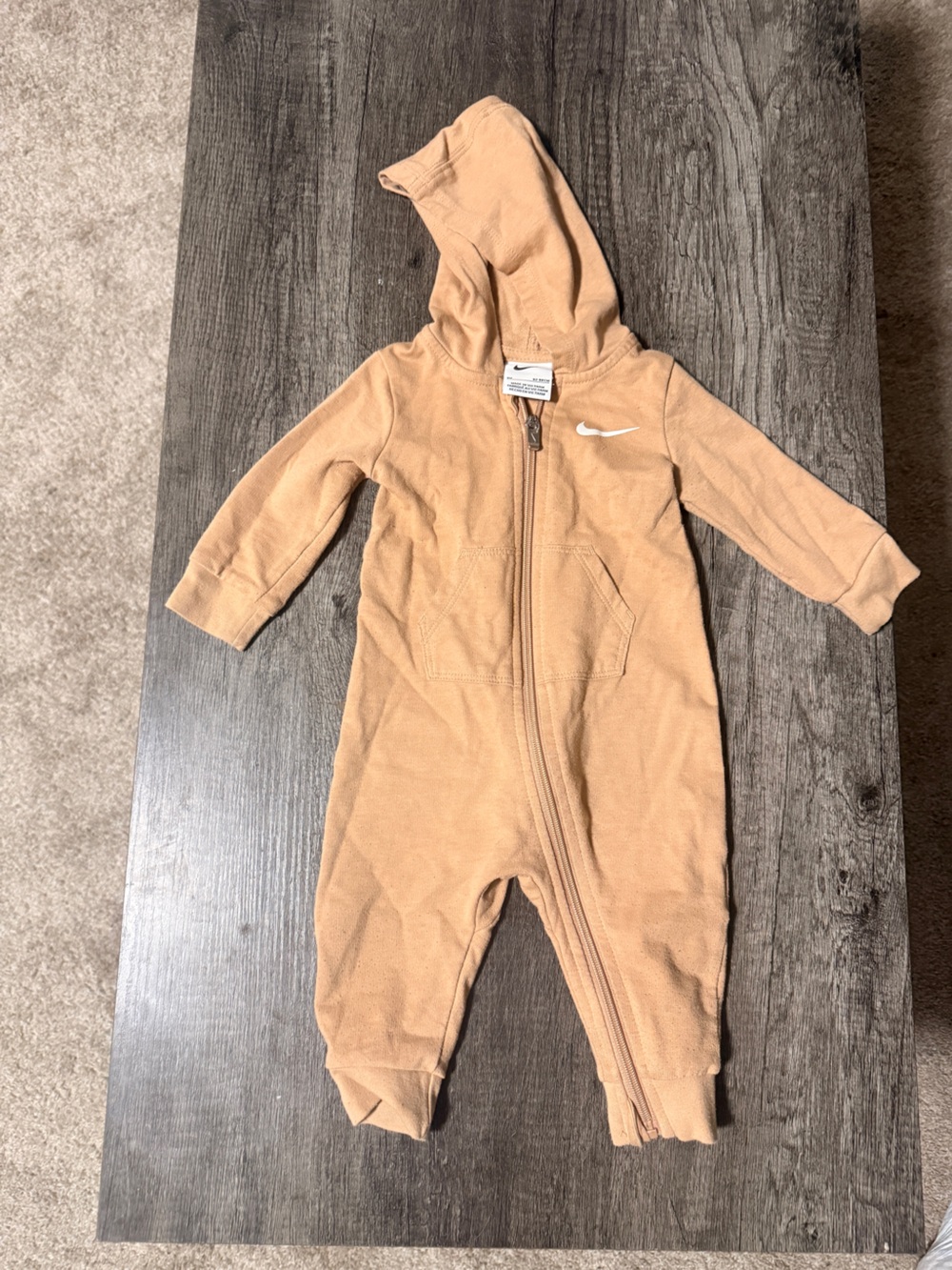 Nike Baby Hooded Zip-Front Jumpsuit in Tan